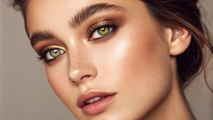 Fototapeta premium An arresting portrait of vivid olivegreen eyes radiating youthful enthusiasm. The eyes are highlighted with bronze eyeshadow surrounded by a soft muted taupe backdrop that makes