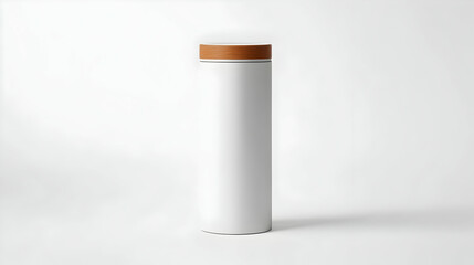 White cylindrical container with a brown wooden lid on a white background.