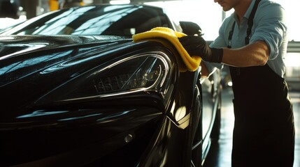 Person detailing a black sports car with a cloth.