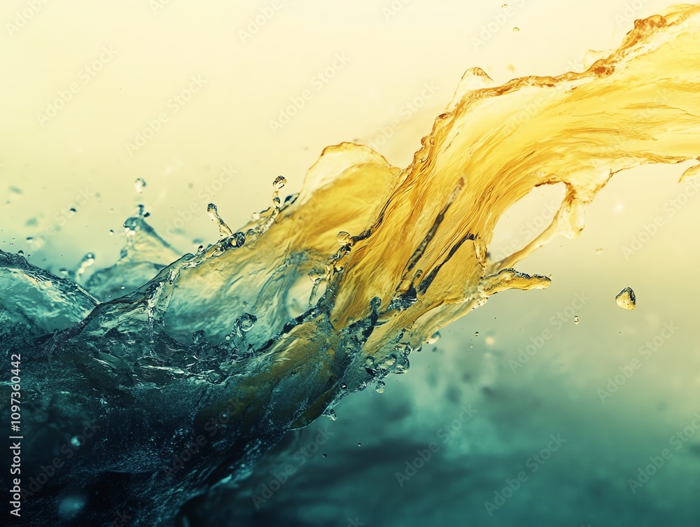 Poster a dynamic splash of blue and yellow liquid, showcasing movement and fluidity.