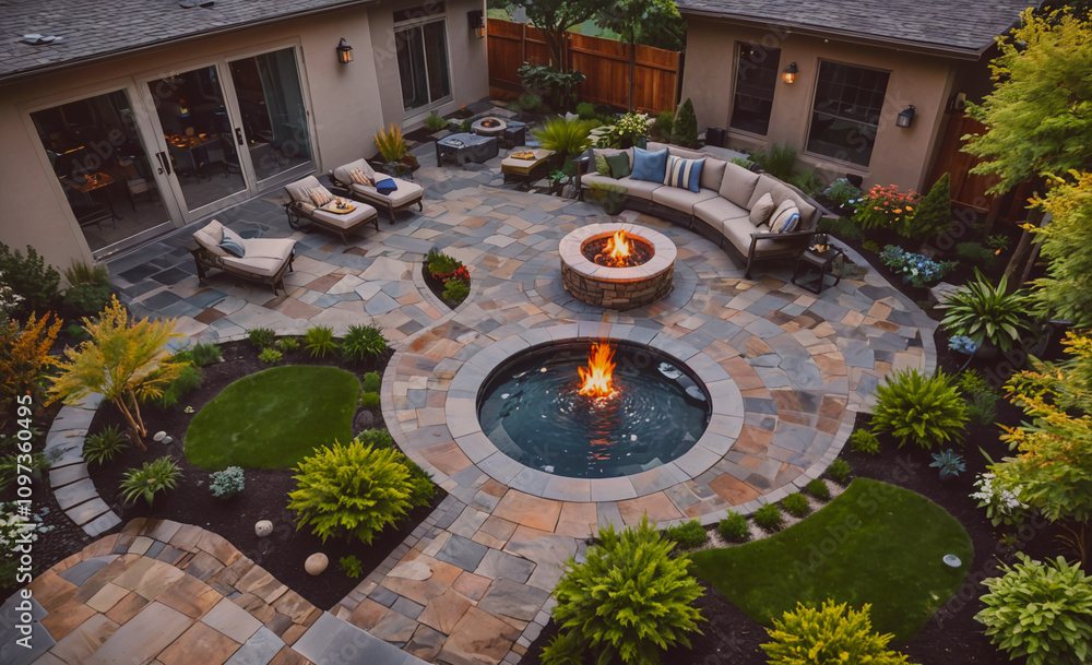 Aufkleber a large patio with a fire pit and a pool. the fire pit is surrounded by a circle of stones and there