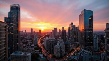 Fototapeta premium Generative AI, Golden Hour Skyline over a Modern Metropolis