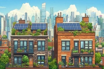 Obraz premium Vibrant urban neighborhood with solar paneled townhouses lush gardens and a backdrop of modern skyscrapers under a clear sunny sky