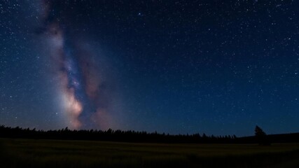 Dark night sky filled with twinkling stars above a field of trees in Yellowstone National Park with a Milky Way and cosmos background, dark, stars