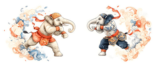 Obraz premium Dynamic Fusion of Muay Thai and thai boxing Art Styles: A Collection of Playful Doodles, Bold Pop Art, and Cultural for Posters, Tags, and Banners with Text Space Integration