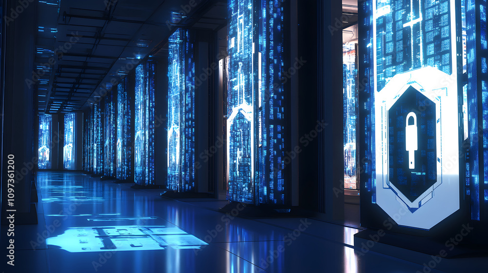 Canvas Prints digital illustration of cybersecurity and data centre protection. shield icon with a padlock symbol 