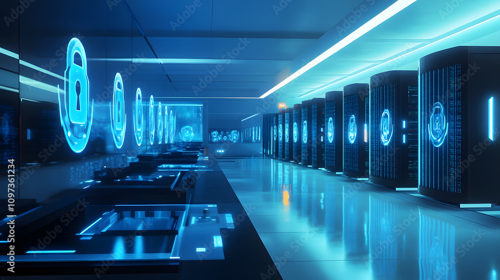 Sticker digital illustration of cybersecurity and data centre protection. shield icon with a padlock symbol 