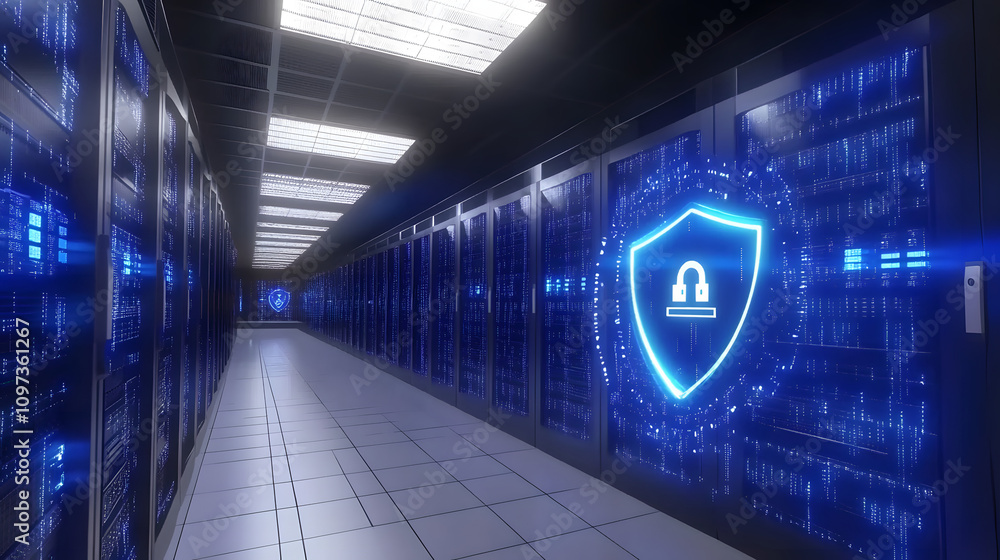 Canvas Prints digital illustration of cybersecurity and data centre protection. shield icon with a padlock symbol 