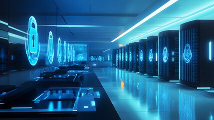 digital illustration of cybersecurity and data centre protection. Shield icon with a padlock symbol neon lights. Science technology server room circuit abstract business finance cyber security hacker