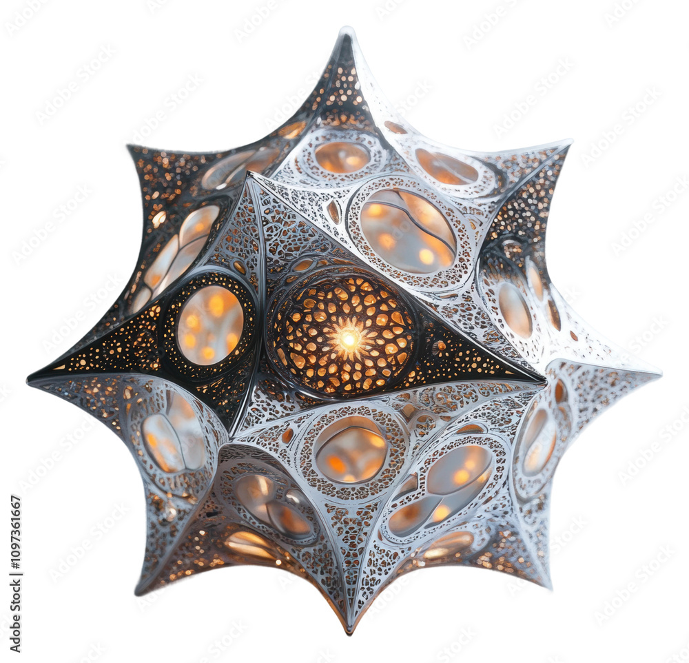 Poster intricate pentagon-shaped graphic object with luminous details isolated on transparent background