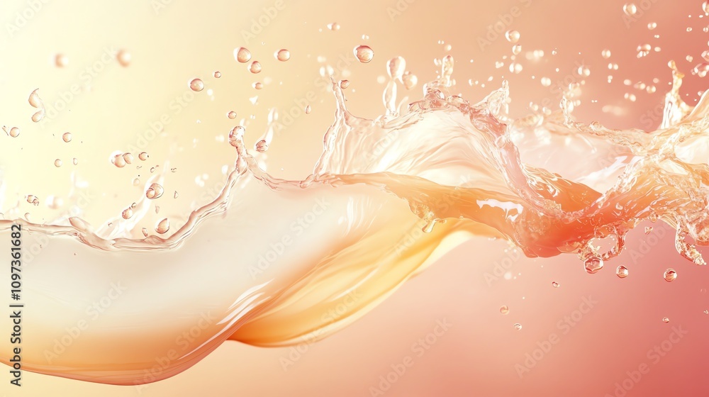 Poster A dynamic splash of liquid with bubbles against a soft gradient background.