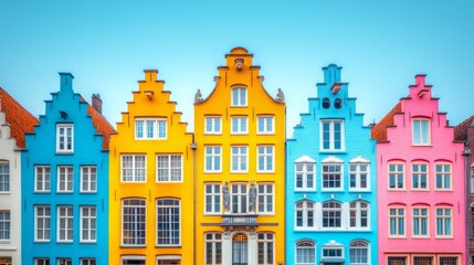 Fototapeta premium Colorful Architecture: Vibrant facades of historic buildings line a cobblestone street, creating a picturesque scene of architectural beauty and urban charm. 