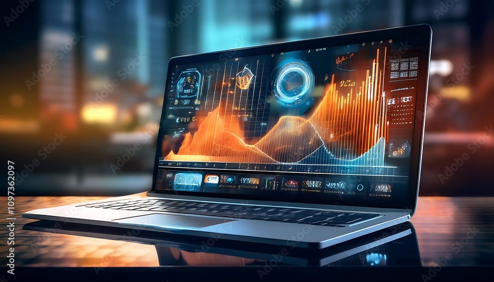 Poster laptop with icons and charts on the screen, highlighting digital data and technology.