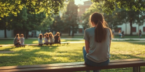 Lonely Teen Girl Sitting on Bench, Schoolyard Sunset