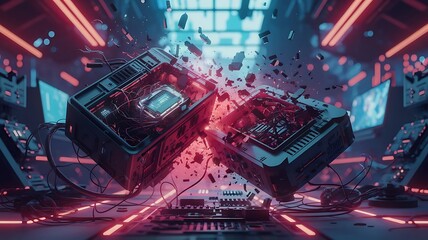 Fototapeta premium Cyberpunk-Style Gaming Console Explosion with Vibrant Red Energy and Neon Lighting