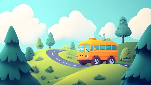 Happy bus driving on a scenic road through green hills and trees.