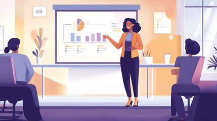 Obraz premium A businesswoman presenting quarterly results to her team in a well-decorated boardroom 