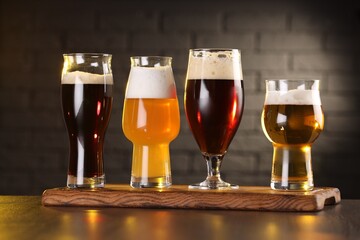Glasses with different types of beer on wooden table in bar