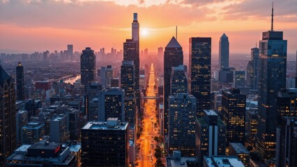 Fototapeta premium Generative AI, Golden Hour Skyline over a Modern Metropolis