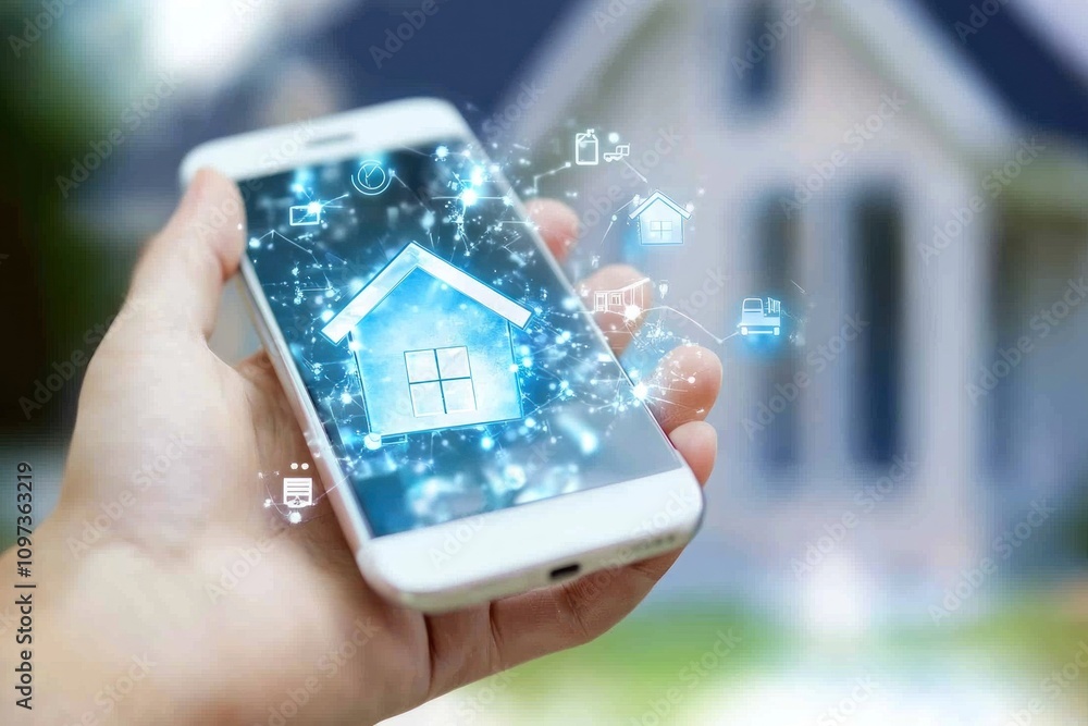 Aufkleber hand holding smartphone displaying smart home interface with house icon and network connection, blur