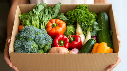 healthy organic diet food delivery home shopping e-commerce supermarket, person holding a cardboard box fresh colorful vegetables