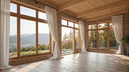 Fototapeta premium The large windows allow for natural light to flood in accentuating the organic textures and colors of the wood while curtains flutter gently in the breeze.