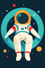 Naklejka premium Occupation. A whimsical illustration of an astronaut floating in space, surrounded by colorful planets and stars against a dark background.