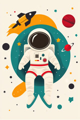 Naklejka premium Occupation. A colorful illustration of an astronaut seated in space surrounded by planets, stars, and a rocket, capturing the essence of cosmic exploration.
