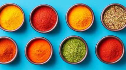 Vibrant Spice Collection: An overhead shot showcases eight small bowls brimming with an assortment of colorful spices against a bright blue background.  The image is perfect for culinary blogs.