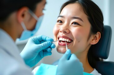 A dentist examining a patient's teeth, young asian female at the dentist's. Face of a asian woman and hands of a dentist. Doctor emphasizing dental health and hygiene