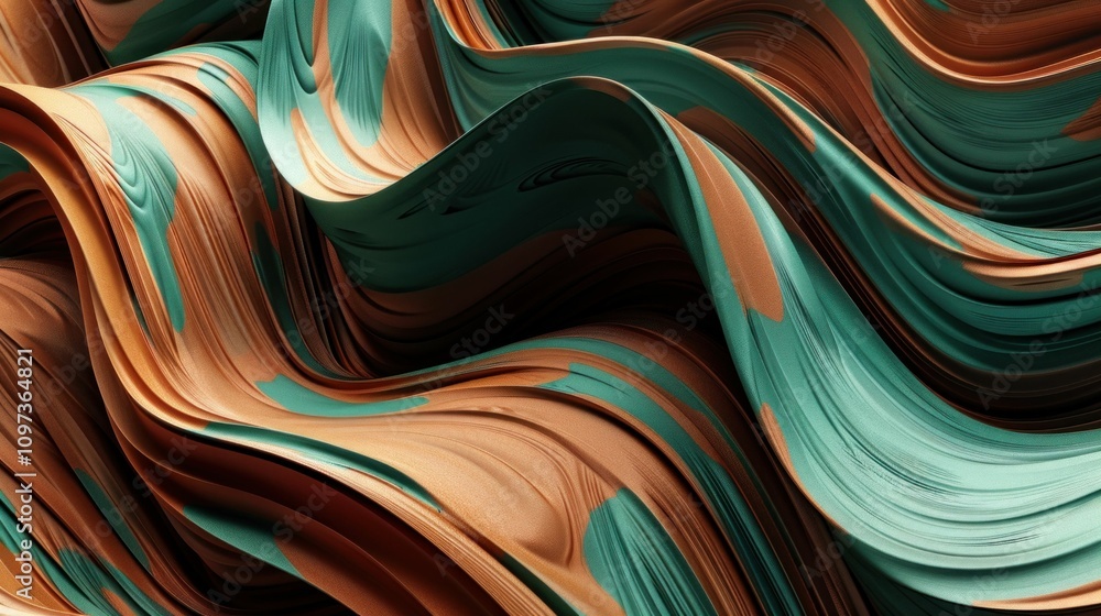 Poster abstract wavy patterns in earthy colors with rich textures, flowing shapes in teal and brown hues cr