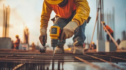 Construction worker using a drill on a building site.