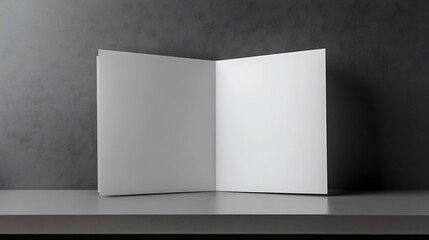 Blank Brochure Open on Gray Surface Against Dark Wall