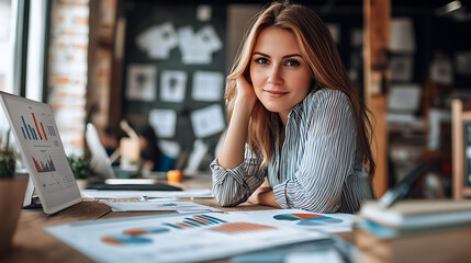 A confident woman reviewing sales performance graphs with her team in a conference room 