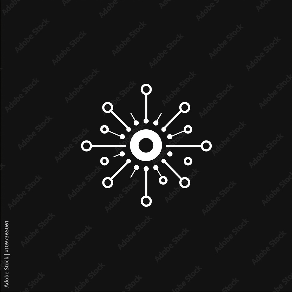 Poster abstract network connection symbol white circular node with radial lines on black background