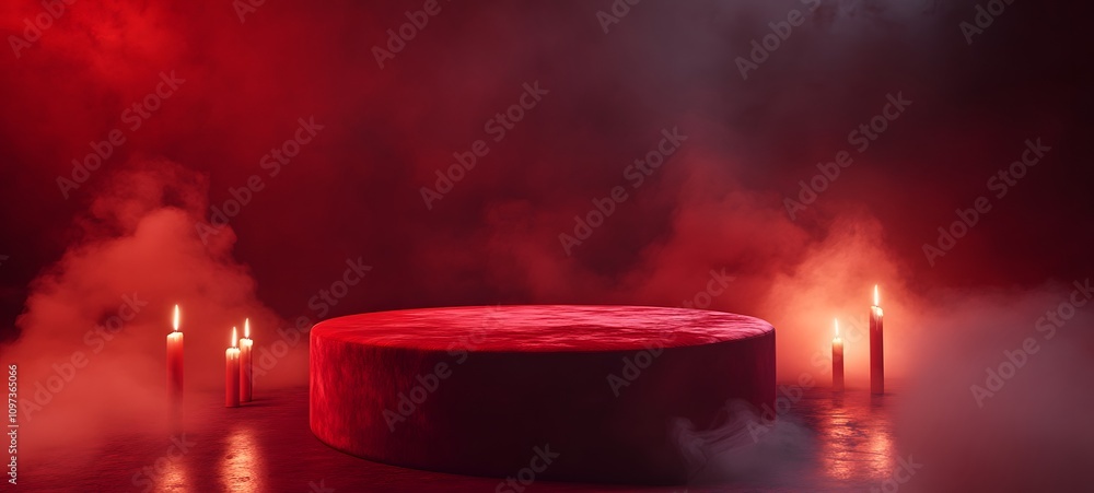 Poster a luxurious velvet podium in deep red, surrounded by soft, ethereal fog and flickering candlelight, 