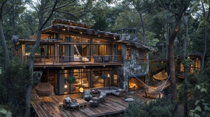 Luxurious forest house with deck, hammock, and fireplace at dusk.
