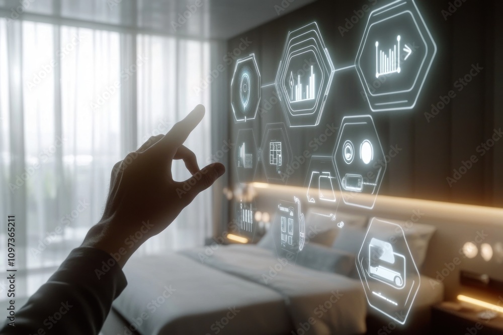 Aufkleber hand interacting with smart home interface, showing data and control options in a modern bedroom.