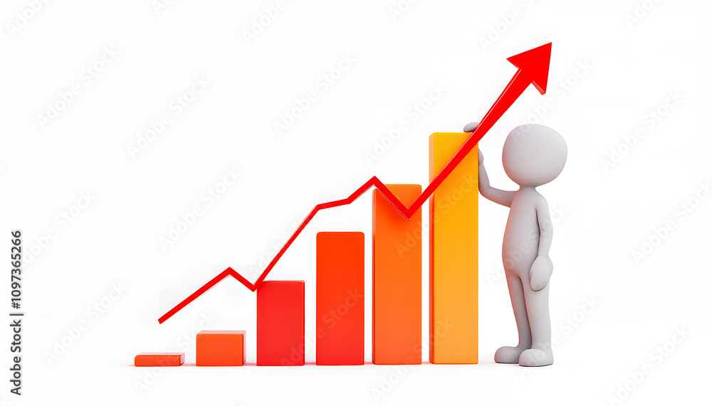 Poster 3d character representing business growth concept with upward arrow and bar graph