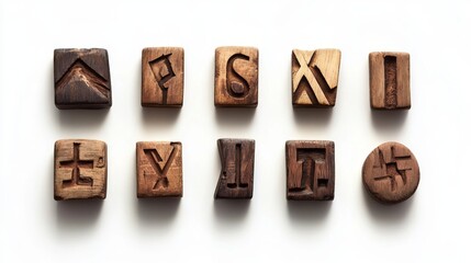 Wooden blocks with carved symbols, showcasing ancient hieroglyphics