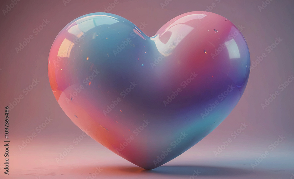 Poster a heart made of glass is sitting on a table. the heart is multicolored and has a shiny, reflective s