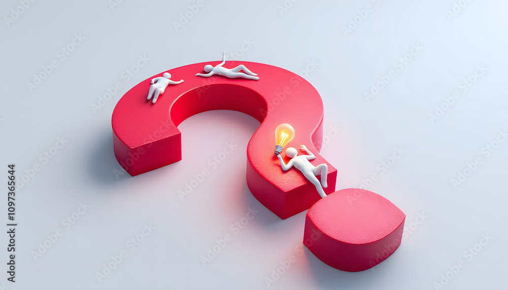 Poster thoughtful 3d character resting on a red question mark