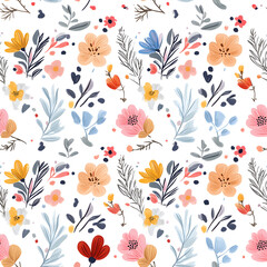 Floral flowers and beautiful colorful leaves wallpaper seamless pattern for interior decoration or background.