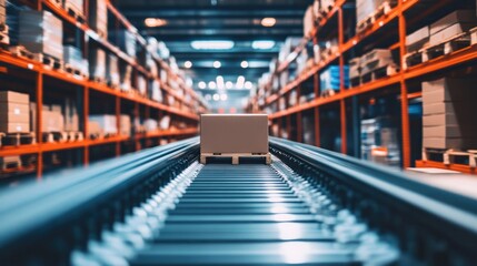 Fototapeta premium Conveyor belt transporting a package in a warehouse.