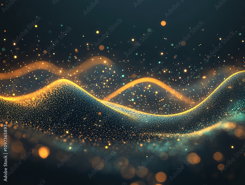 Aufkleber Abstract representation of glowing waves and particles in a dark background.