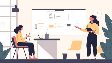 A female executive facilitating a creative brainstorming session in a tech-focused workspace 