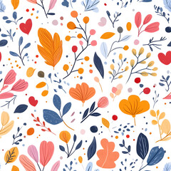 Floral flowers and beautiful colorful leaves wallpaper seamless pattern for interior decoration or background.