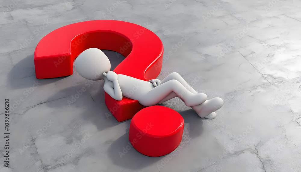 Poster thoughtful 3d character resting on a red question mark