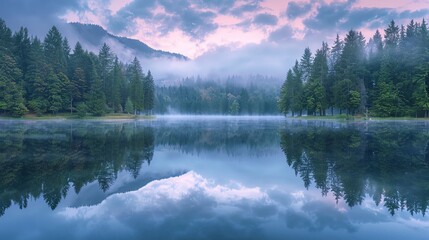 Fototapeta premium Serene landscape featuring a tranquil lake surrounded by lush trees and misty mountains under a colorful sky.