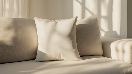 Two Cream Colored Pillows Resting On A Beige Sofa